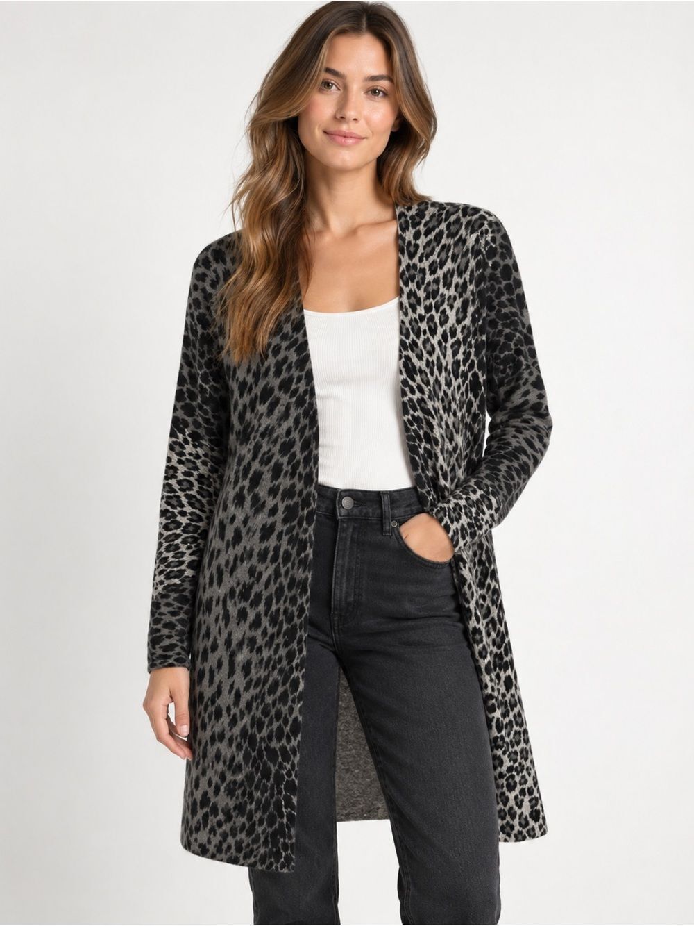 Garfield & Marks Cashmere Leopard Print Longline Cardigan Sweater Size M